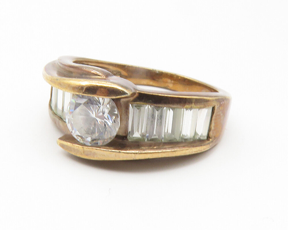 925 Sterling Silver  Vintage Cubic Zirconia Gold Plated Band Ring Sz 8 RG11764