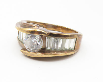 925 Sterling Silver  Vintage Cubic Zirconia Gold Plated Band Ring Sz 8 RG11764