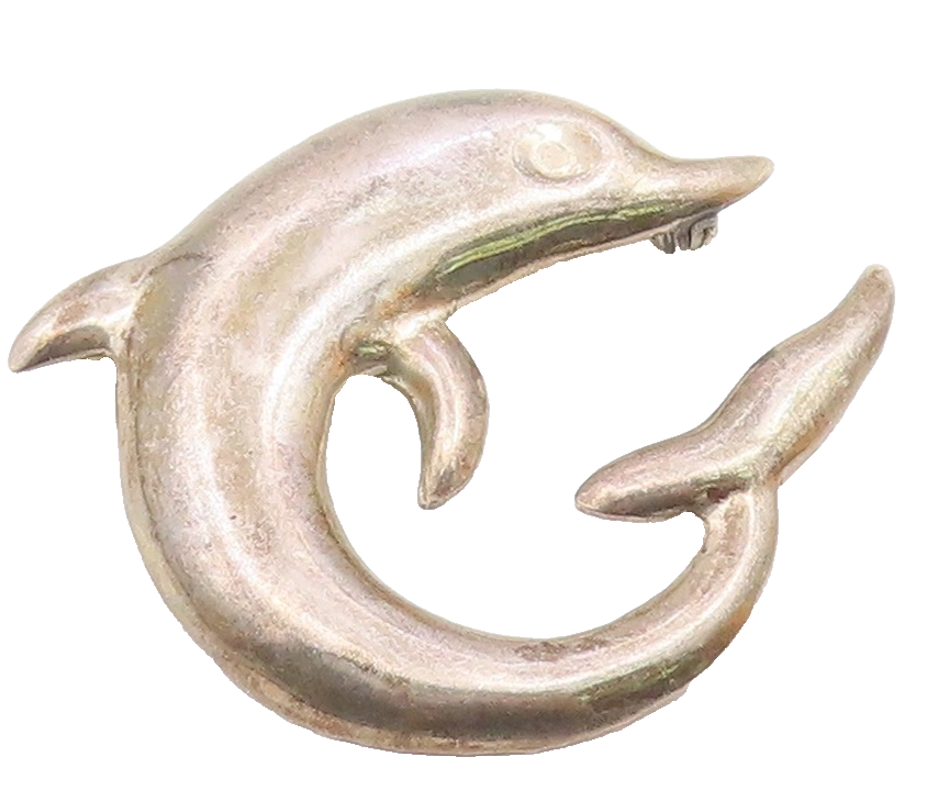925 Sterling Silver  Vintage Dark Tone Smooth Dolphin Motif Brooch Pin  BP3919