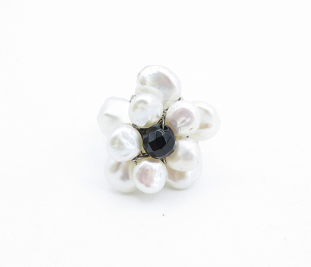 925 Sterling Silver  Pearls & Black Sapphire Flower Cocktail Ring Sz 6  RG4737