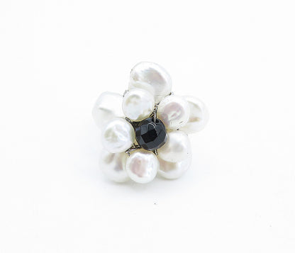 925 Sterling Silver  Pearls & Black Sapphire Flower Cocktail Ring Sz 6  RG4737
