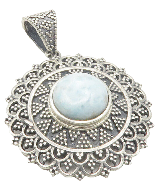 925 Sterling Silver  Vintage Cabochon Larimar Floral Pattern Pendant  PT9540