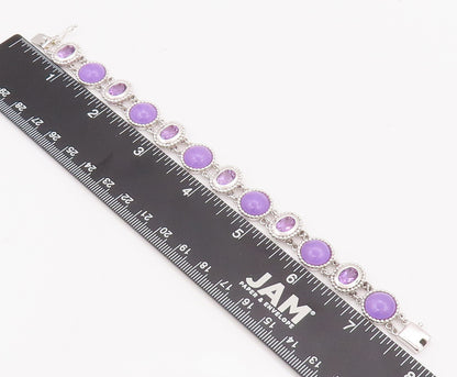 925 Sterling Silver Vintage Bracelet Oval & Round Amethyst Halo Beaded  BT10428