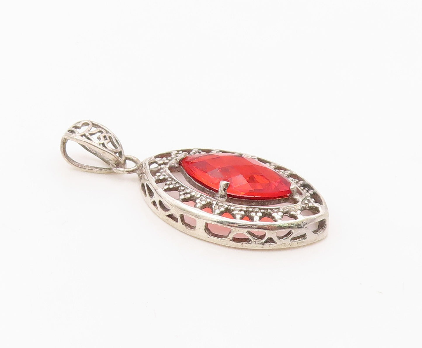 925 Sterling Silver Vintage Pendant Marquise Cut Ruby Openwork Charm  PT26347