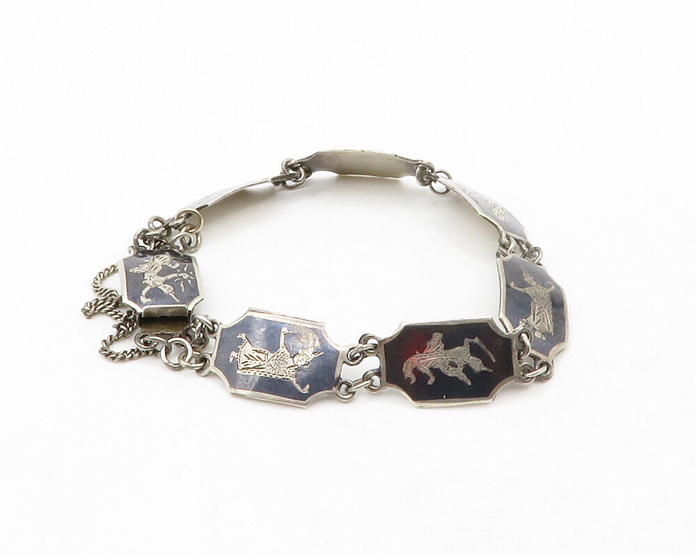 SIAM 925 Sterling Silver  Vintage Enamel Niello Dancer Chain Bracelet  BT4992