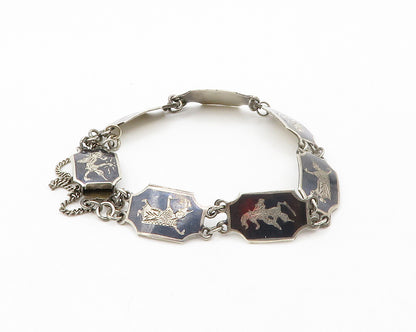 SIAM 925 Sterling Silver  Vintage Enamel Niello Dancer Chain Bracelet  BT4992