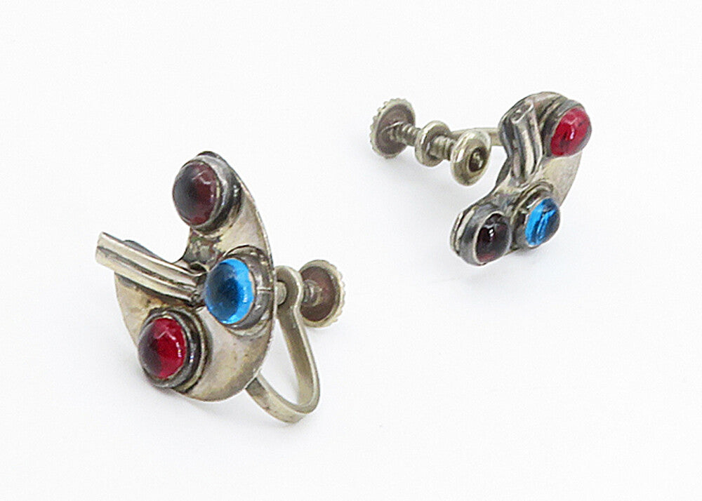 MEXICO 925 Silver  Vintage Pink & Blue Topaz Non Pierce Screw Earrings  EG2929