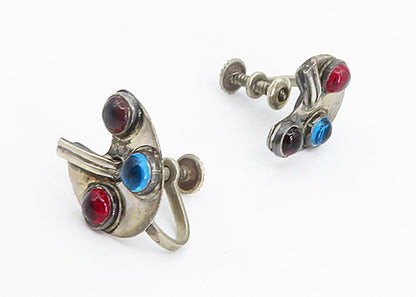 MEXICO 925 Silver  Vintage Pink & Blue Topaz Non Pierce Screw Earrings  EG2929