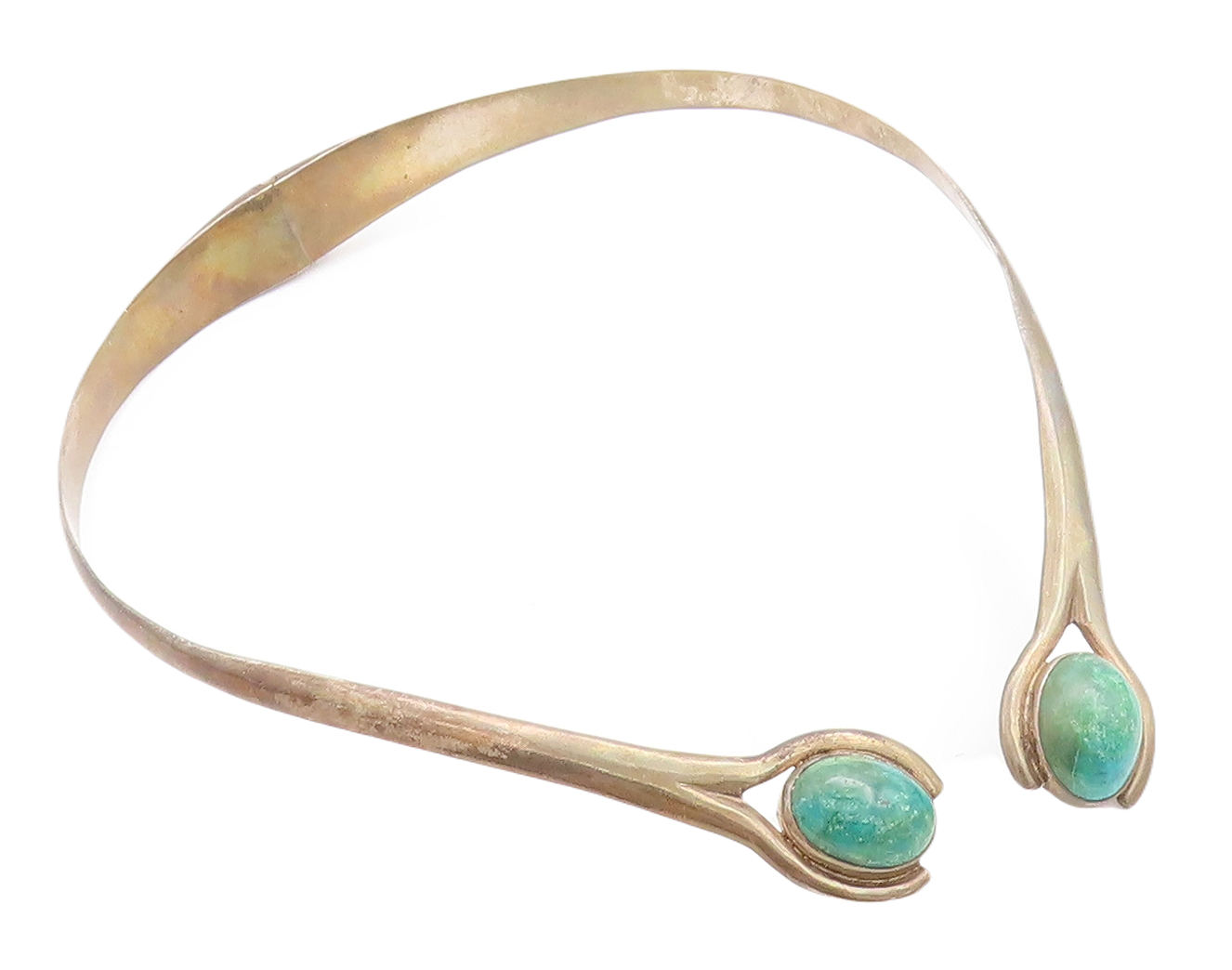 MEXICO 925 Silver Vintage Cabochon Cut Chrysocolla Collar Necklace NE1393