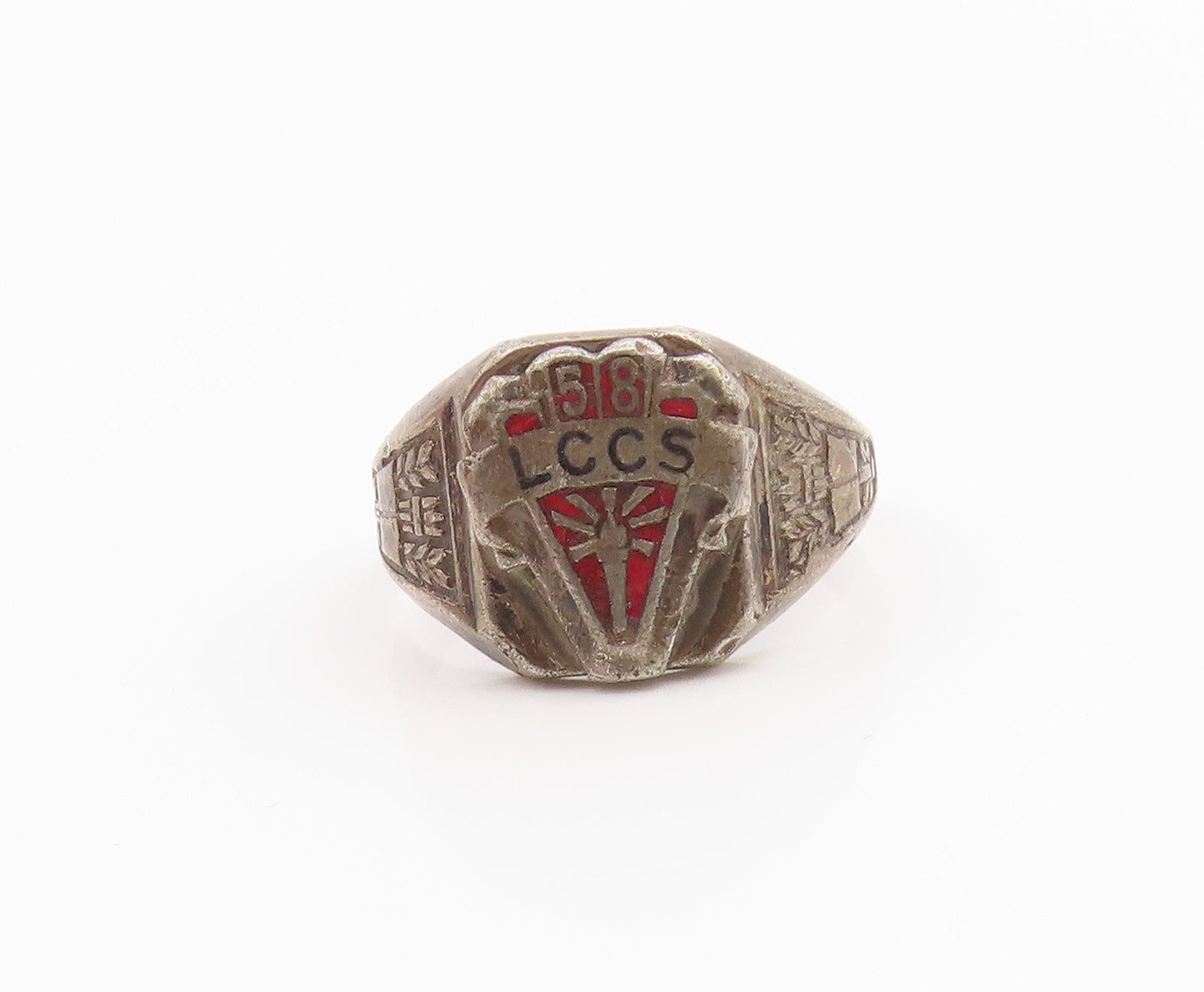925 Sterling Silver Vintage Ring Antique Enamel 1958 LCCS Shield Sz 8.5 RG35507