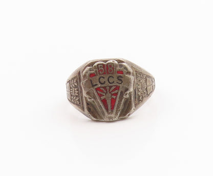 925 Sterling Silver Vintage Ring Antique Enamel 1958 LCCS Shield Sz 8.5 RG35507
