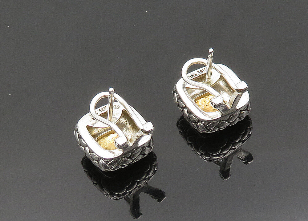 925 Silver & 14K GOLD  Vintage 2 Tone Cobble Pattern Drop Earrings  EG9885
