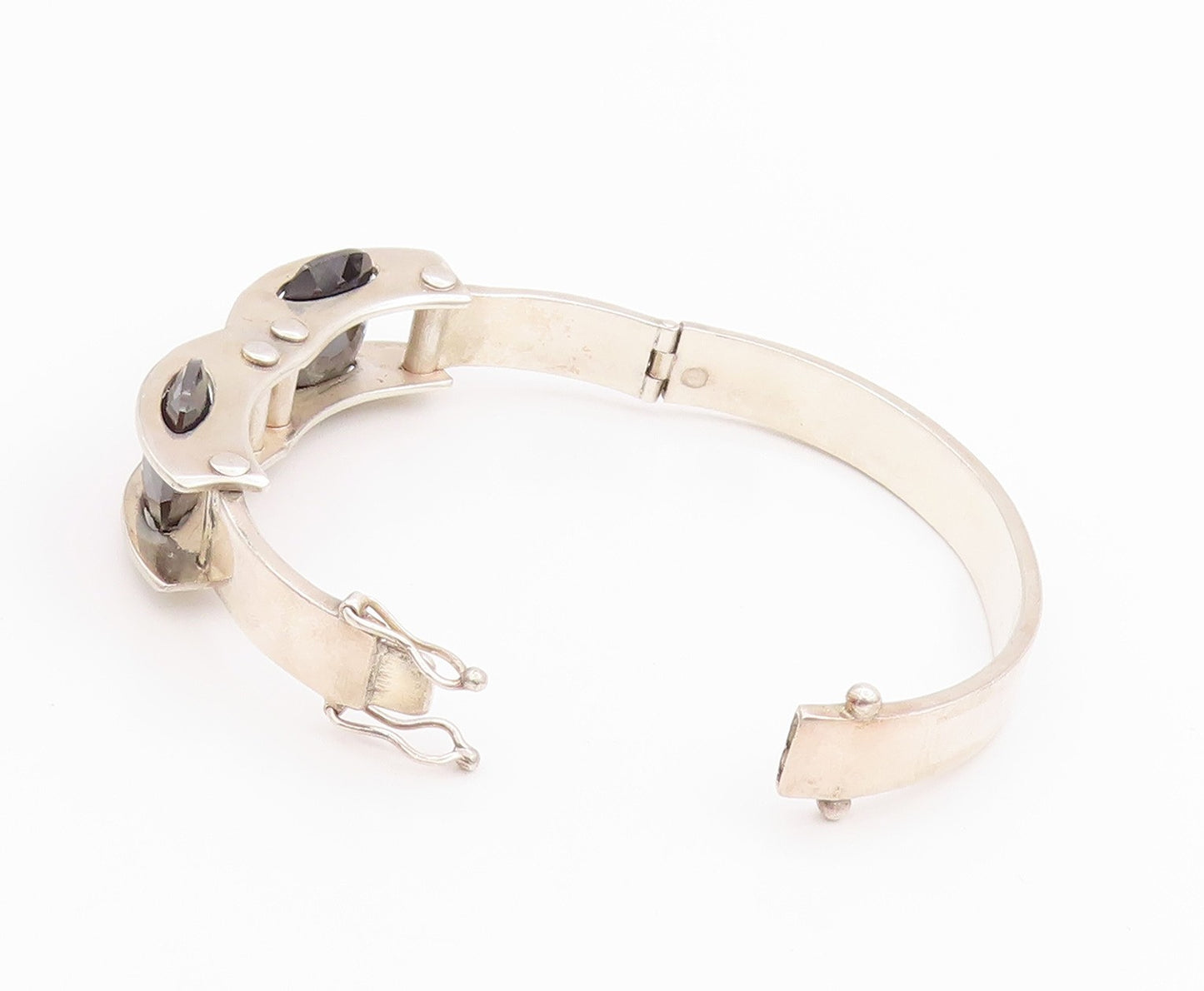 925 Sterling Silver Vintage Bracelet Modernist Design Cut Oval Hematite  BT11323
