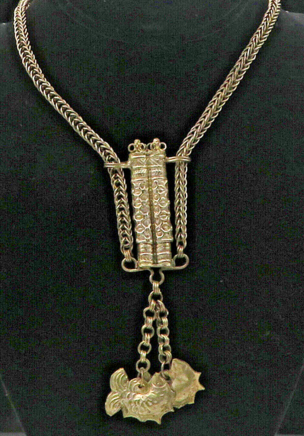 925 Sterling Silver  Vintage Antique Oxidized Fish Wheat Chain Necklace NE1761