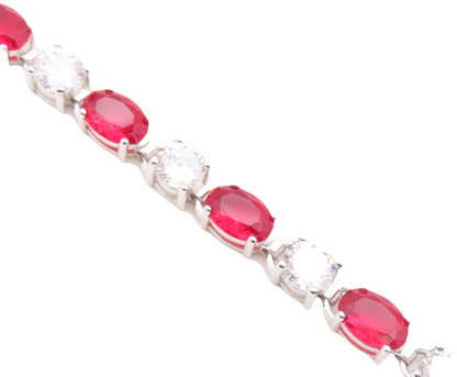 925 Sterling Silver Vintage Bracelet Minimalist Oval Cut Red & White CZ  BT10882