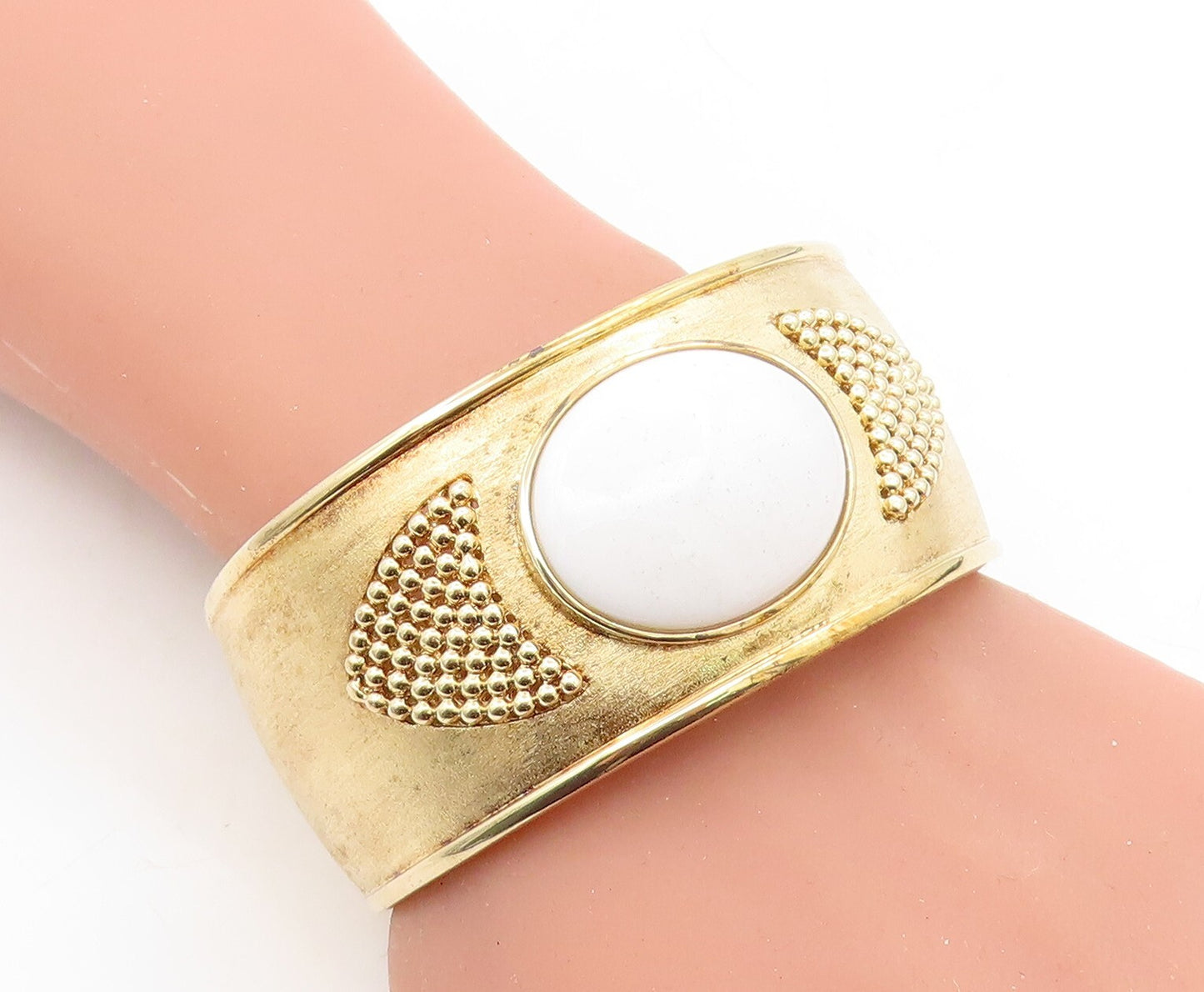925 Sterling Silver  White Onyx Gold Plated Bubble Detail Cuff Bracelet BT2590