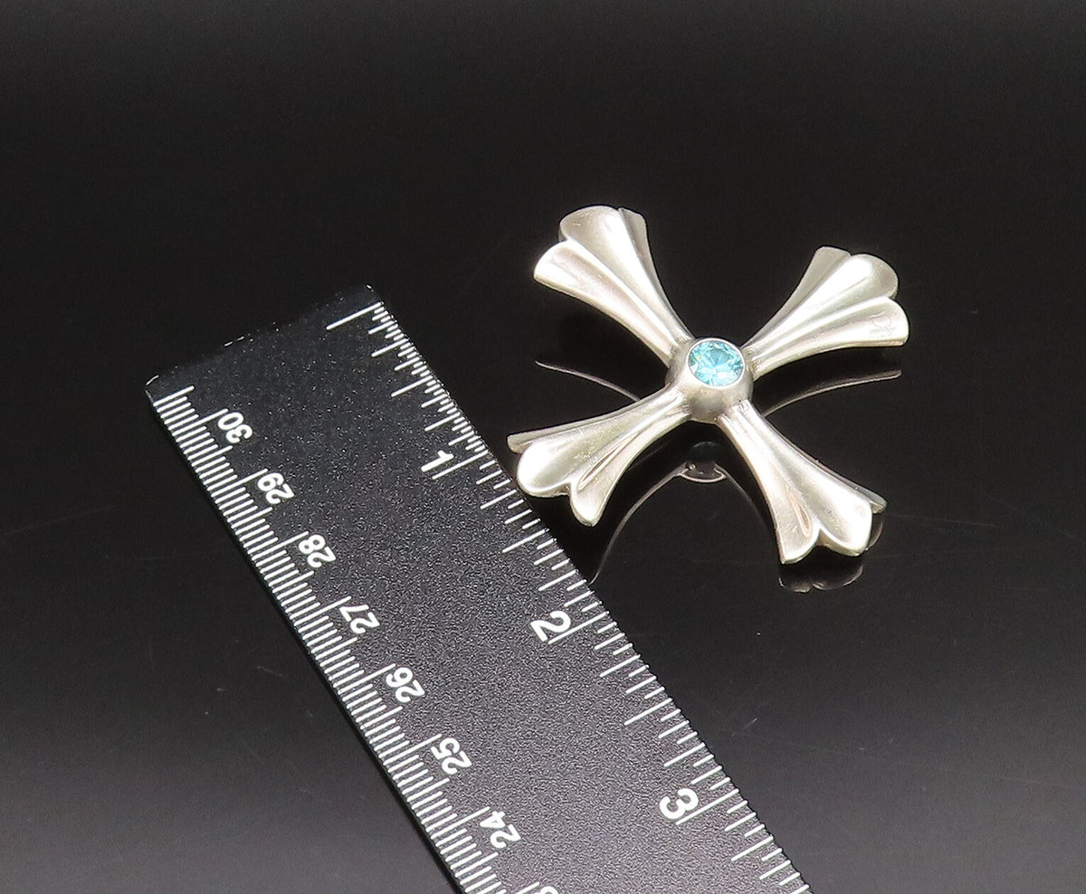 925 Sterling Silver  Vintage Fancy Blue Topaz Fluted Cross Brooch Pin  BP10067
