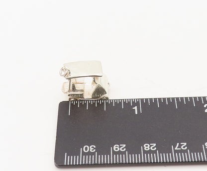 925 Sterling Silver  Vintage Solid Carved Golf Cart Charm Pendant  PT22378