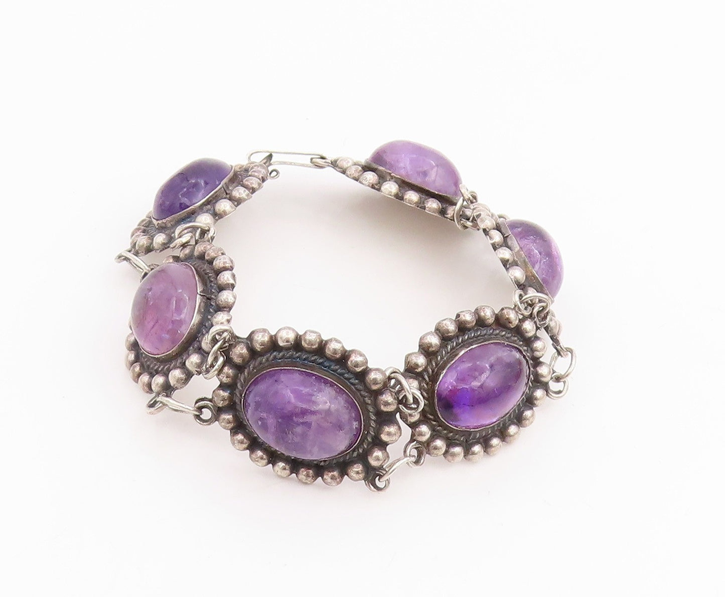 925 Sterling Silver Vintage Bracelet Cabochon Amethyst Beaded Link  BT11845