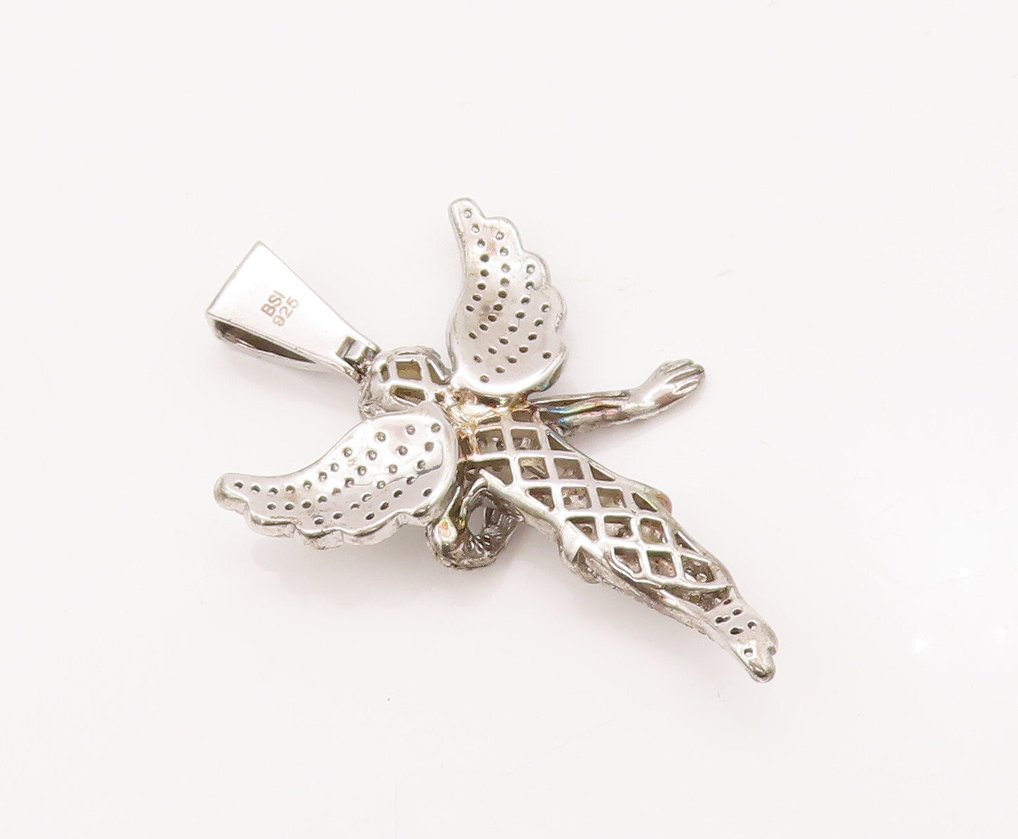 925 Sterling Silver Vintage Pendant Topaz Beaded Carved Flying Fairy  PT22990