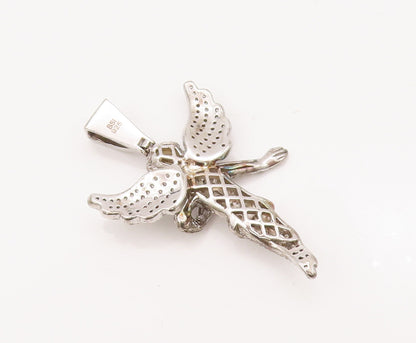 925 Sterling Silver Vintage Pendant Topaz Beaded Carved Flying Fairy  PT22990