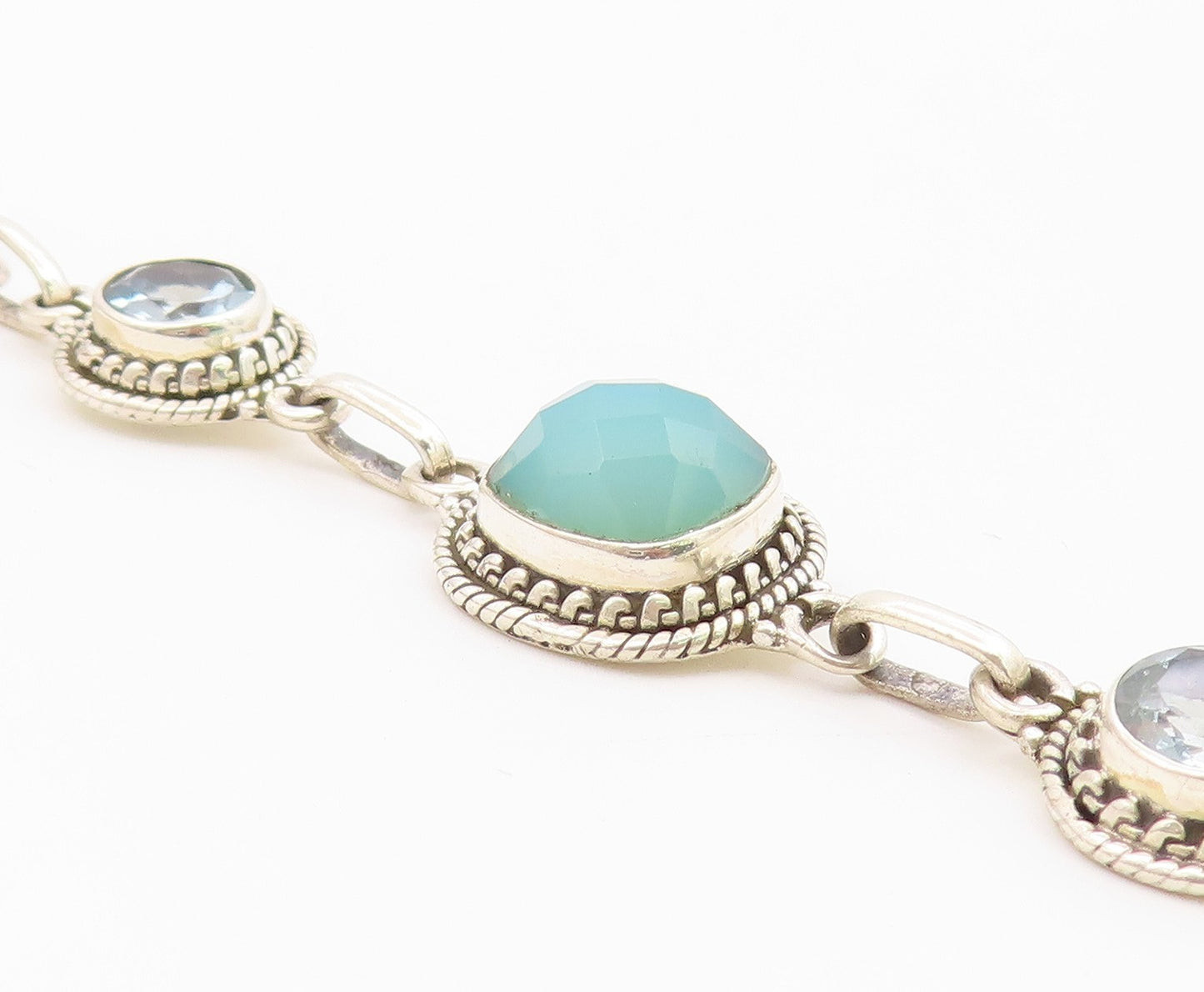 925 Sterling Silver  Aqua Chalcedony & Topaz Shiny Twist Chain Bracelet BT3635
