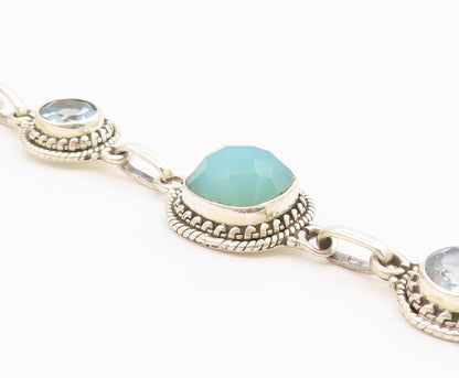 925 Sterling Silver  Aqua Chalcedony & Topaz Shiny Twist Chain Bracelet BT3635