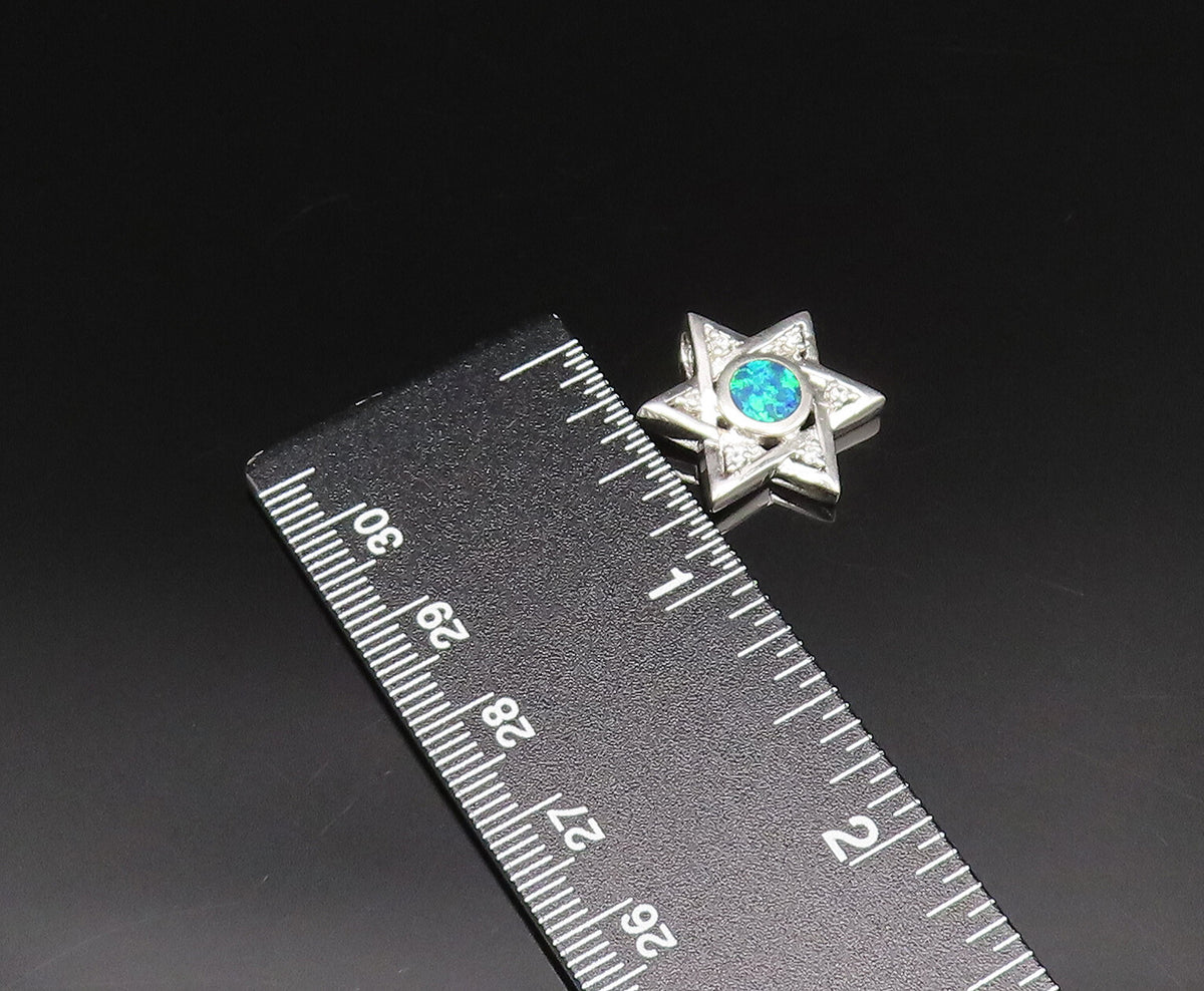 925 Sterling Silver Vintage Inlaid Blue Fire Opal & Topaz Star Pendant PT21553