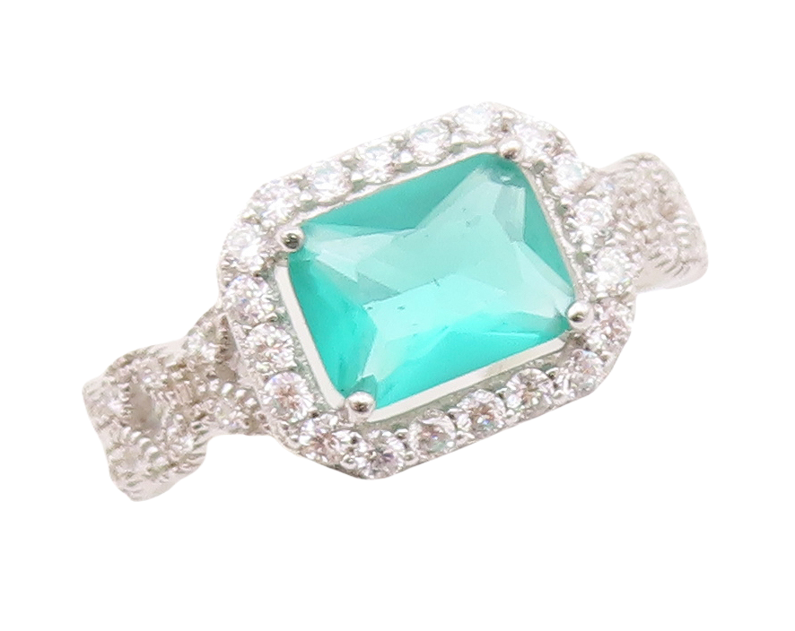 925 Sterling Silver Vintage Ring Rectangle Sea Green Halo White CZ  Sz 7 RG30447