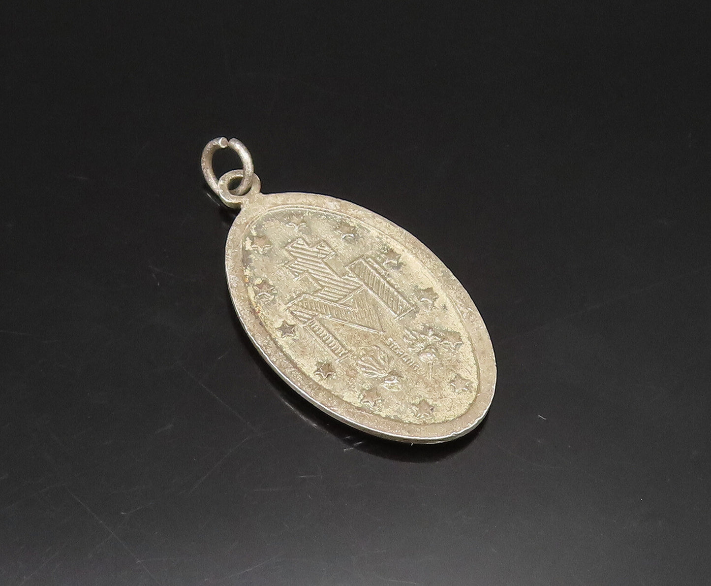 925 Silver  Vintage Antique Enamel Saint Mary Religious Medal Pendant  PT21124