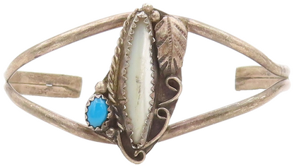 925 Sterling Silver Vintage Bracelet NAVAJO Mother Of Pearls Turquoise  BT10961