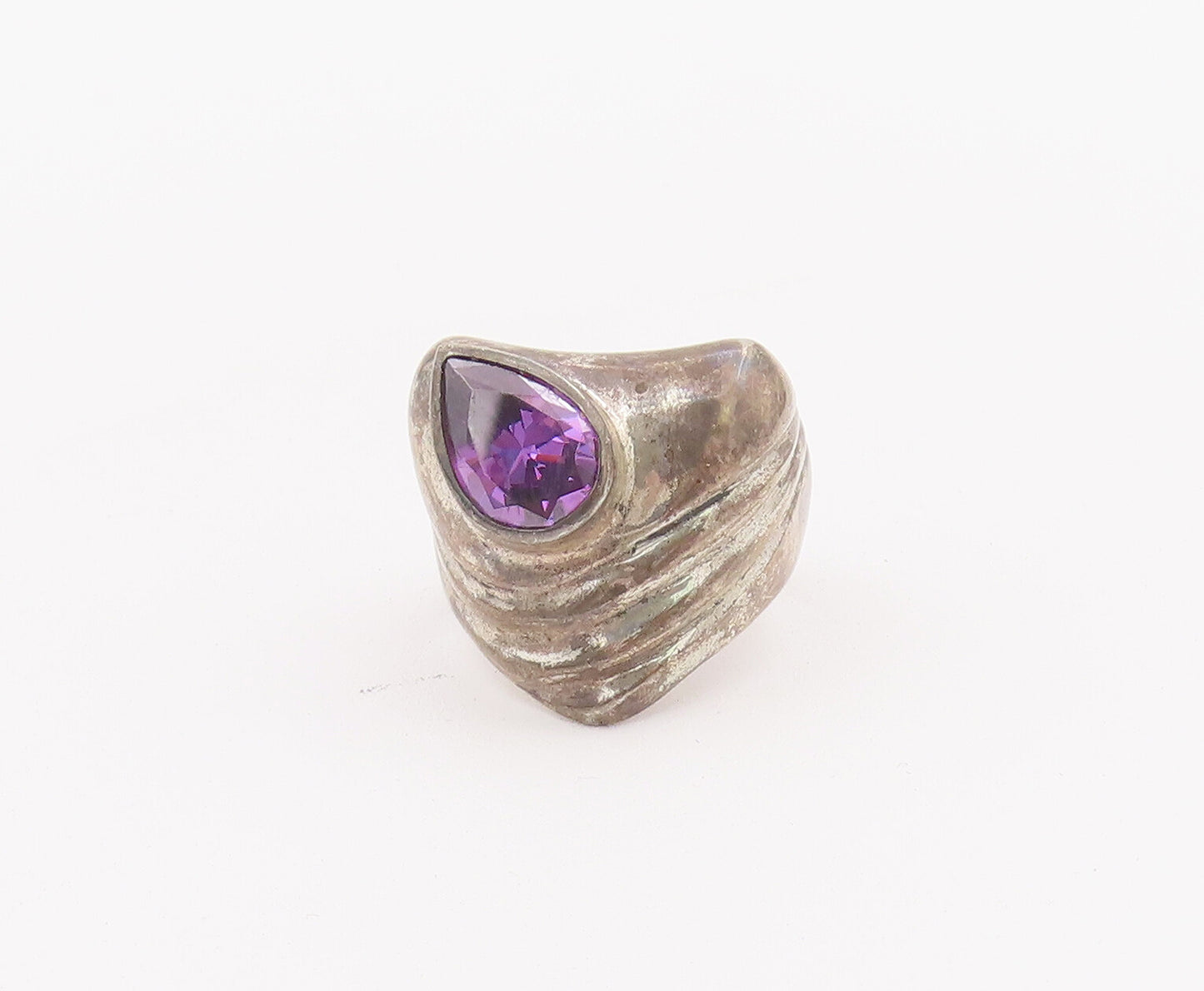 925 Sterling Silver Vintage Ring Solid Carved Drop Cut Amethyst  Sz 7.5  RG28072