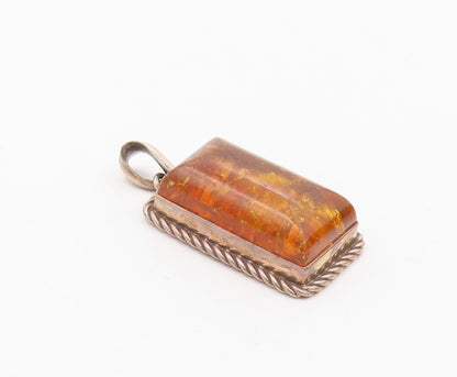 925 Silver  Vintage Rectangular Cabochon Cut Baltic Amber Drop Pendant PT20496