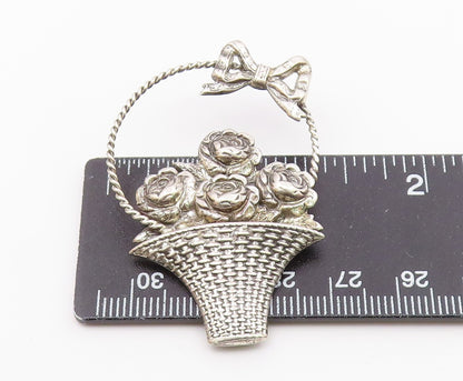 BEAU 925 Silver  Vintage Rose Flower Basket With Bow Tie Brooch Pin  BP9790