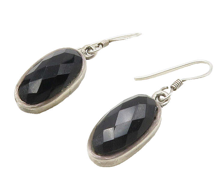 925 Sterling Silver Vintage Faceted Black Hematite Dangle Earrings EG8662