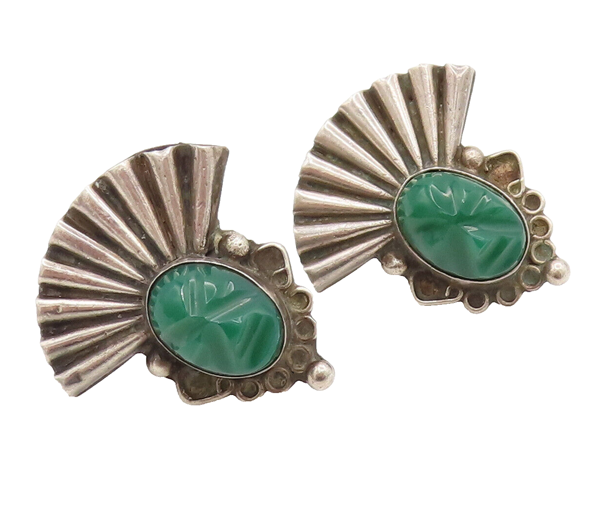 MEXICO 925 Silver  Vintage Carved Warrior Onyx Screw Back Earrings  EG12395