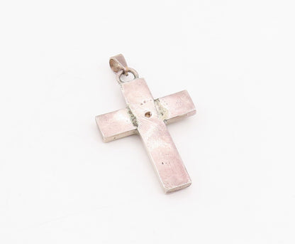 925 Sterling Silver Vintage Pendant Real Diamond & Sapphire Holy Cross  PT25878