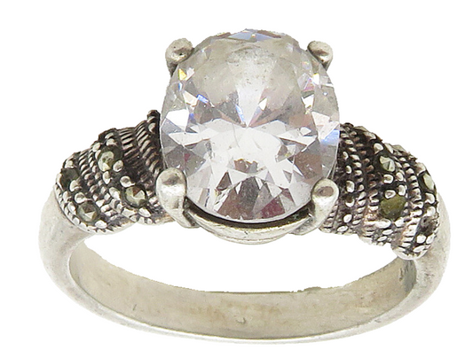 925 Sterling Silver  Vintage Cubic Zirconia & Marcasite Band Ring Sz 8 RG15914