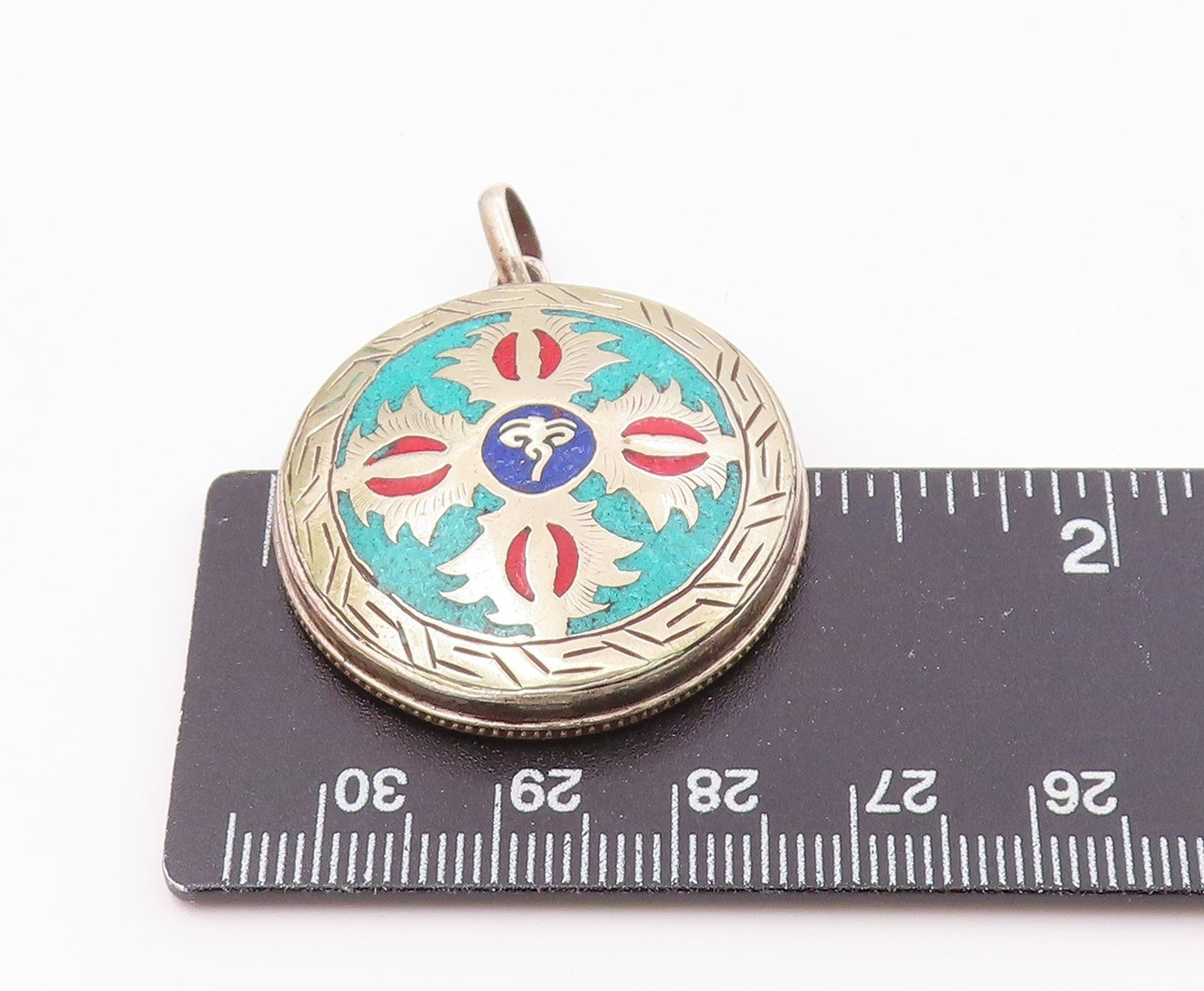 925 Sterling Silver  Vintage Enamel Symbol Etched Border Pendant  PT20082