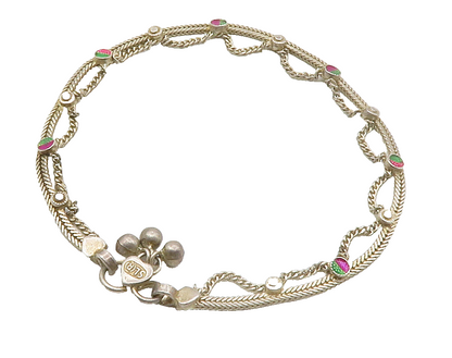 925 Sterling Silver  Vintage Enamel Double Strand Wheat Chain Bracelet  BT5771