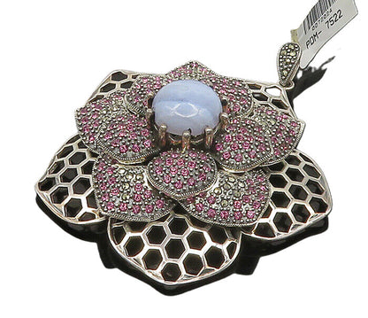 925 Sterling Silver  Vintage Blue Agate & Pink Topaz Flower Pendant  PT14857