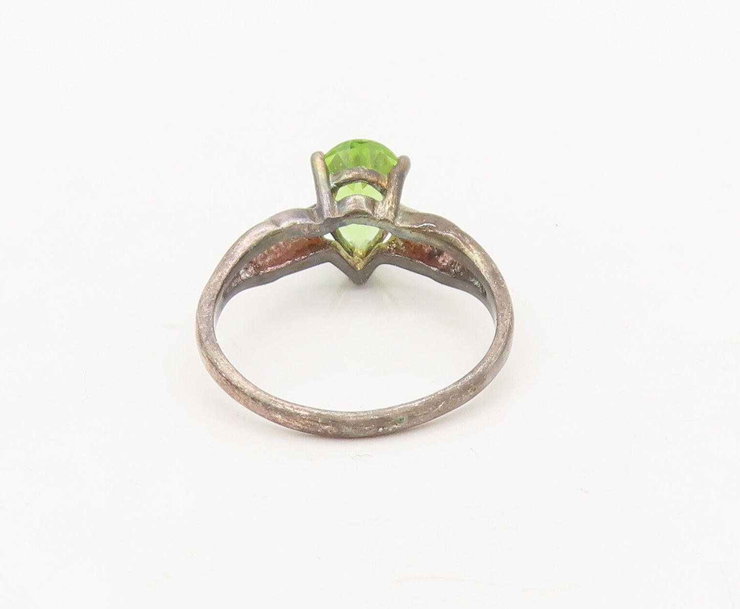 925 Silver  Vintage Swirly Carved Neck Pear Cut Green Topaz Ring Sz 8  RG27076
