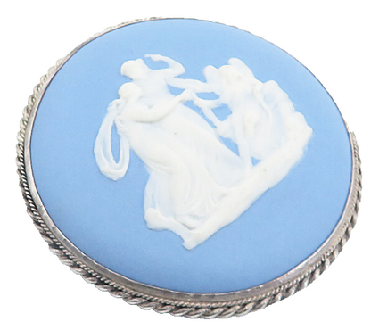 925 Sterling Silver  Vintage Carved Angel Scene Blue Cameo Brooch Pin  BP2914