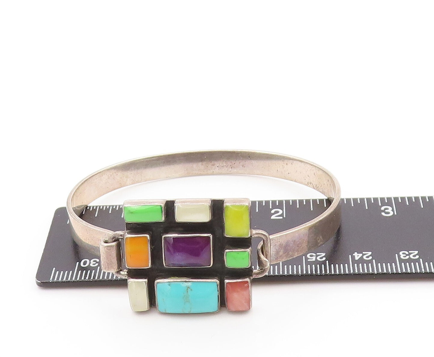 925 Sterling Silver Vintage Bracelet Rectangle Cut Multi Gemstones Inlay BT11159
