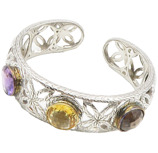 925 Silver & 14K GOLD  Topaz Amethyst & Citrine Floral Cuff Bracelet  BT7172