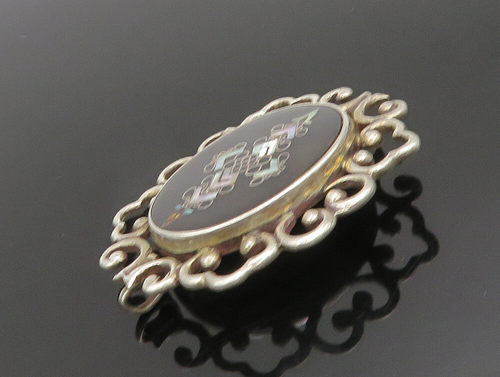 PGG MEXICO 925 Silver  Vintage Inlay Black Onyx & Abalone Brooch Pin  BP9530