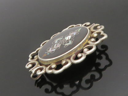 PGG MEXICO 925 Silver  Vintage Inlay Black Onyx & Abalone Brooch Pin  BP9530