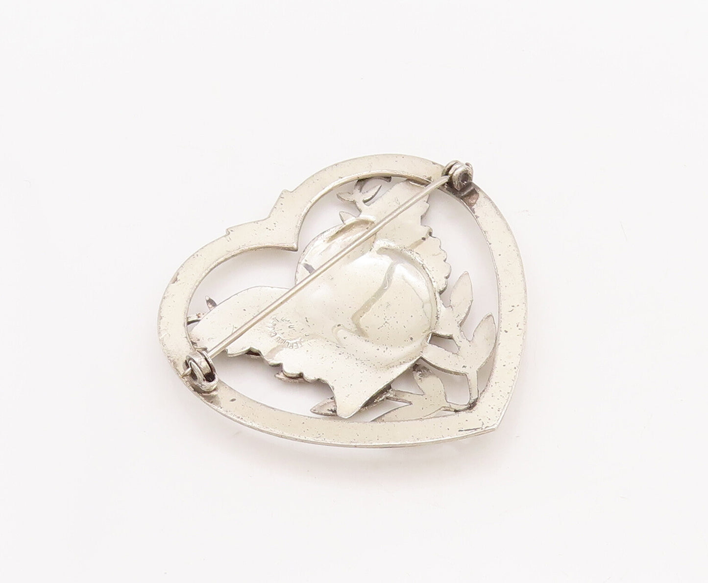 925 Sterling Silver Vintage Brooch Pin Antique Floral Cutout Love Heart  BP11080