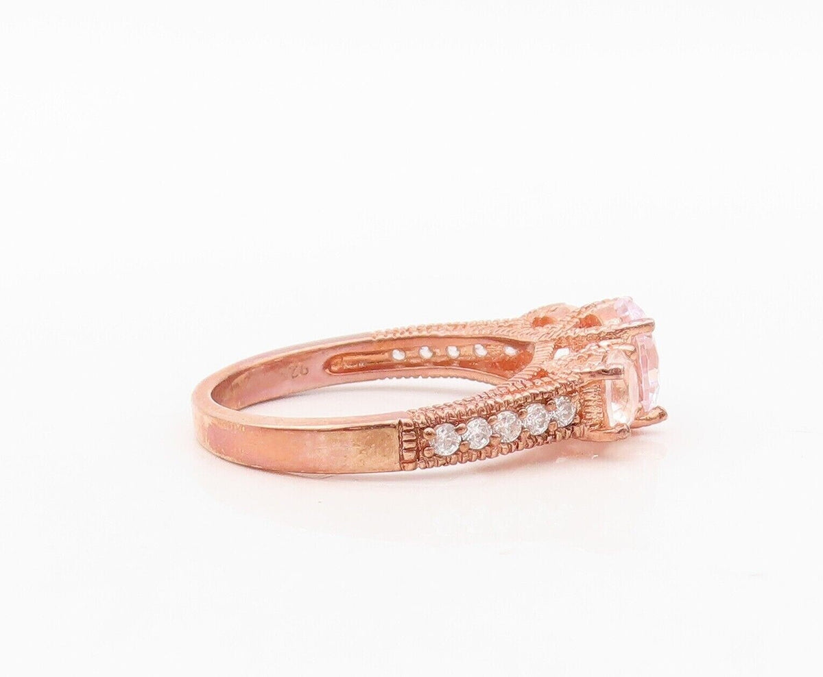 925 Sterling Silver Vintage Ring Rose Gold Plated Carved Topaz  Sz 7  RG30383