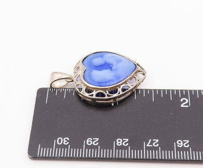 925 Sterling Silver Vintage Pendant Blue Agate Mother & Baby Cameo Charm PT25987